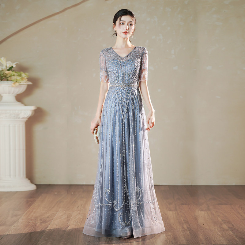 高級感 青 半袖 きらきら Vネック パーティードレス 優雅 謝恩会 パーティー 二次会 前撮り 披露宴 BL003