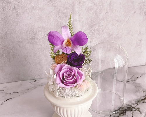 供花 デンファレと薔薇で彩る プリザーブドフラワー ガラスドーム