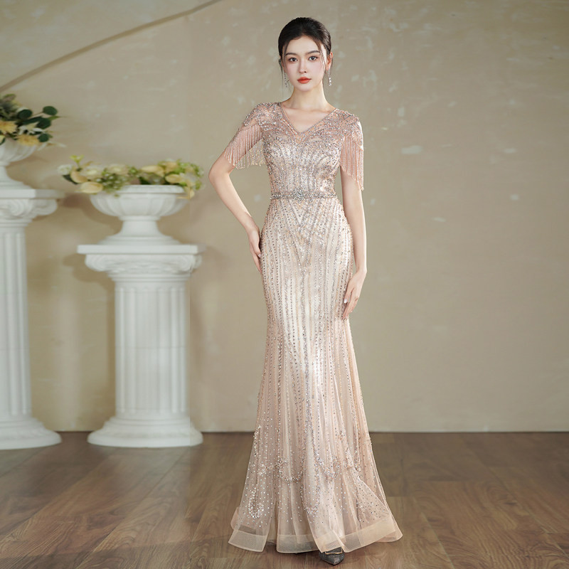 高級感 ピンク 半袖 きらきら Vネック パーティードレス 優雅 謝恩会 パーティー 二次会 前撮り 披露宴 BL004