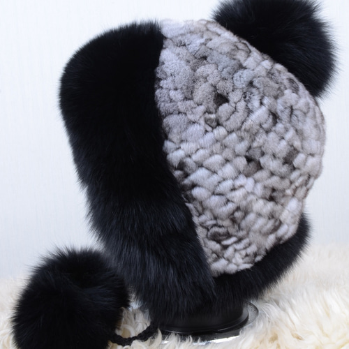 新品限定◆フォックスとミンク編みこみ帽子 ◆ポンポン付き/黒◆毛皮ファー ミンク ファー ボンボン付き 帽子 フォックス 7F