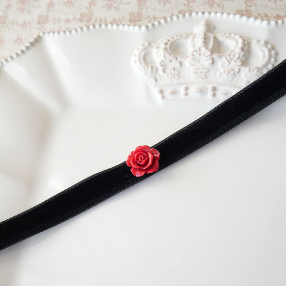 ブラック ベルベット チョーカー レッド ローズ 黒 別珍 赤 薔薇