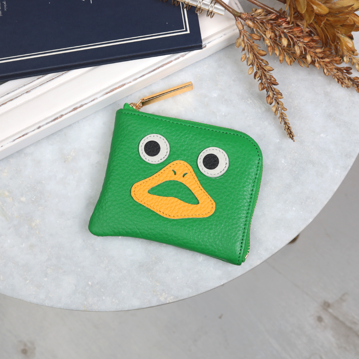 【Eグリーン/ダック】高級感のある薄くて軽い/思わず誰かに見せたくなるダックL字ミニ財布/コンパクト財布