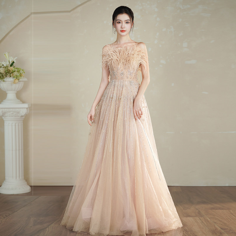 高級感 シャンパン色 オフショルダー パーティードレス 結婚式 謝恩会 パーティー 二次会 前撮り 披露宴 BL010