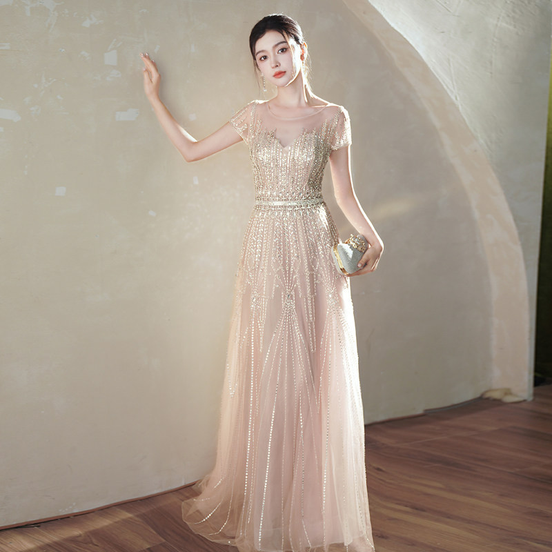 高級感 ダストピンク 半袖 スパンコール パーティードレス 優雅 謝恩会 パーティー 二次会 前撮り 披露宴 BL011