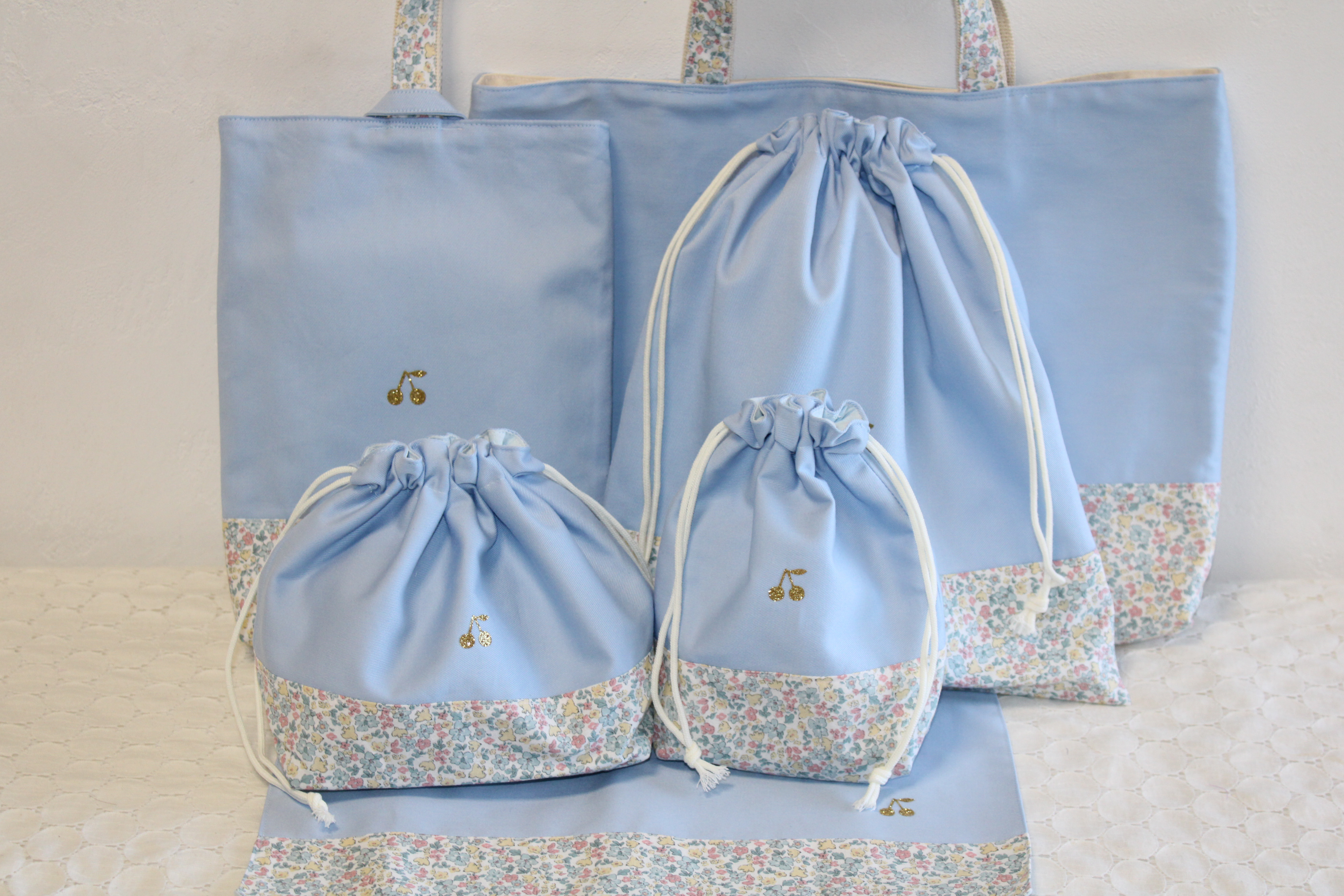 入園入学6点セット　ブルー花柄２　リボン刺繍　さくらんぼ