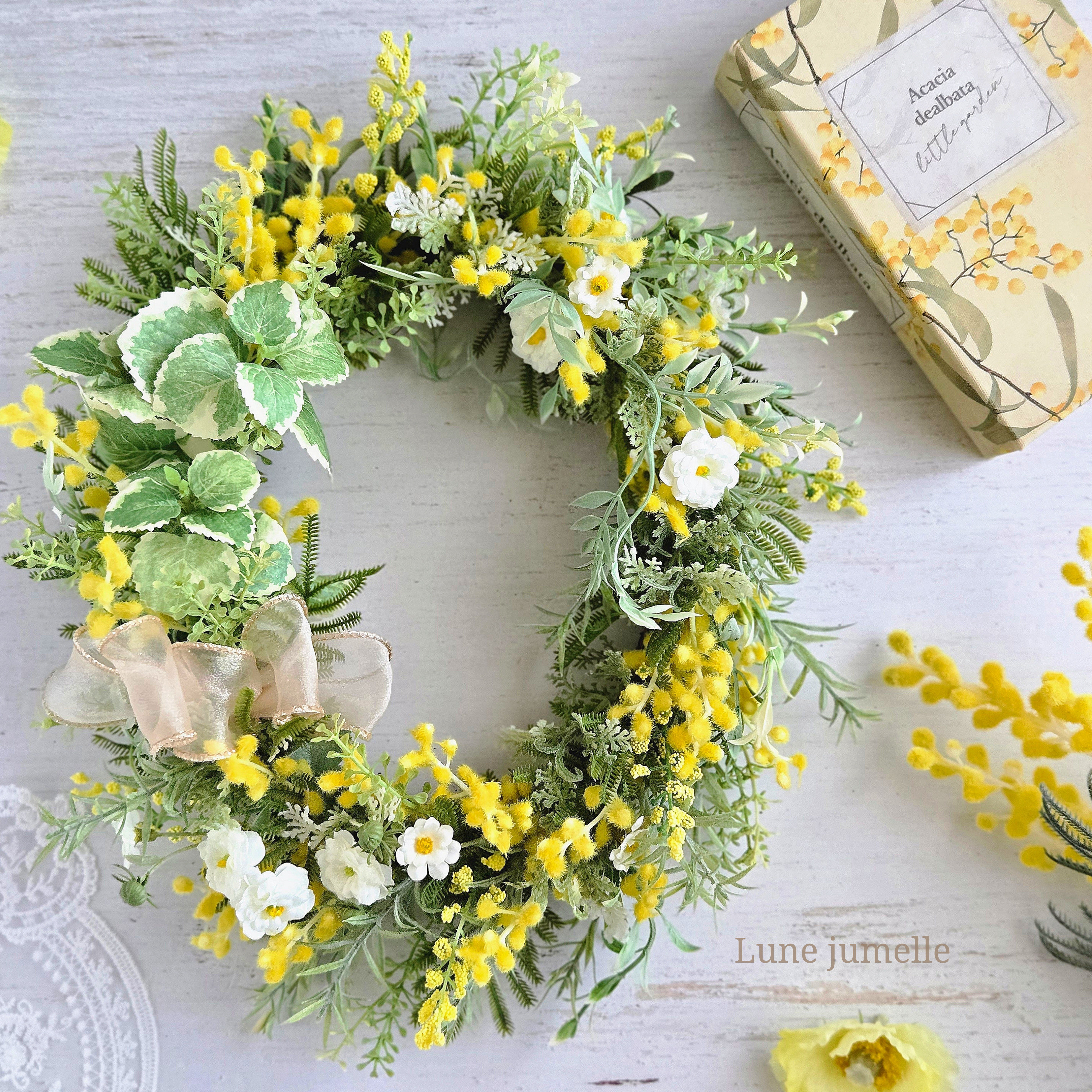 春の芽吹を感じるミモザのオーバルリース(アーティフィシャルフラワー)｜造花 ナチュラル ボタニカル 玄関 インテリア