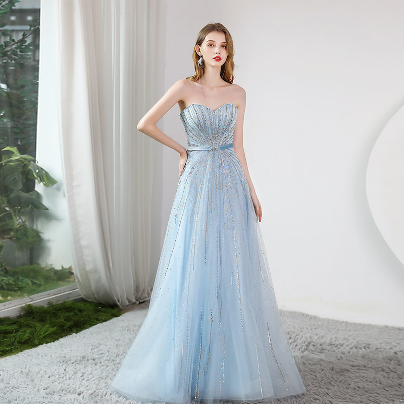 綺麗 青 オフショルダー スパンコール パーティードレス 誕生日 演奏会 パーティー 二次会 前撮り 披露宴 BL015