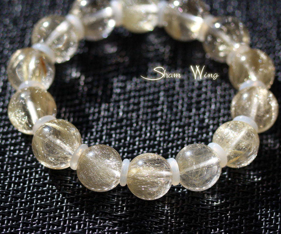 訳あり◆高品質 大粒ゴールドルチルクォーツ ブレスレット約13.3～14.3mm✿天然石