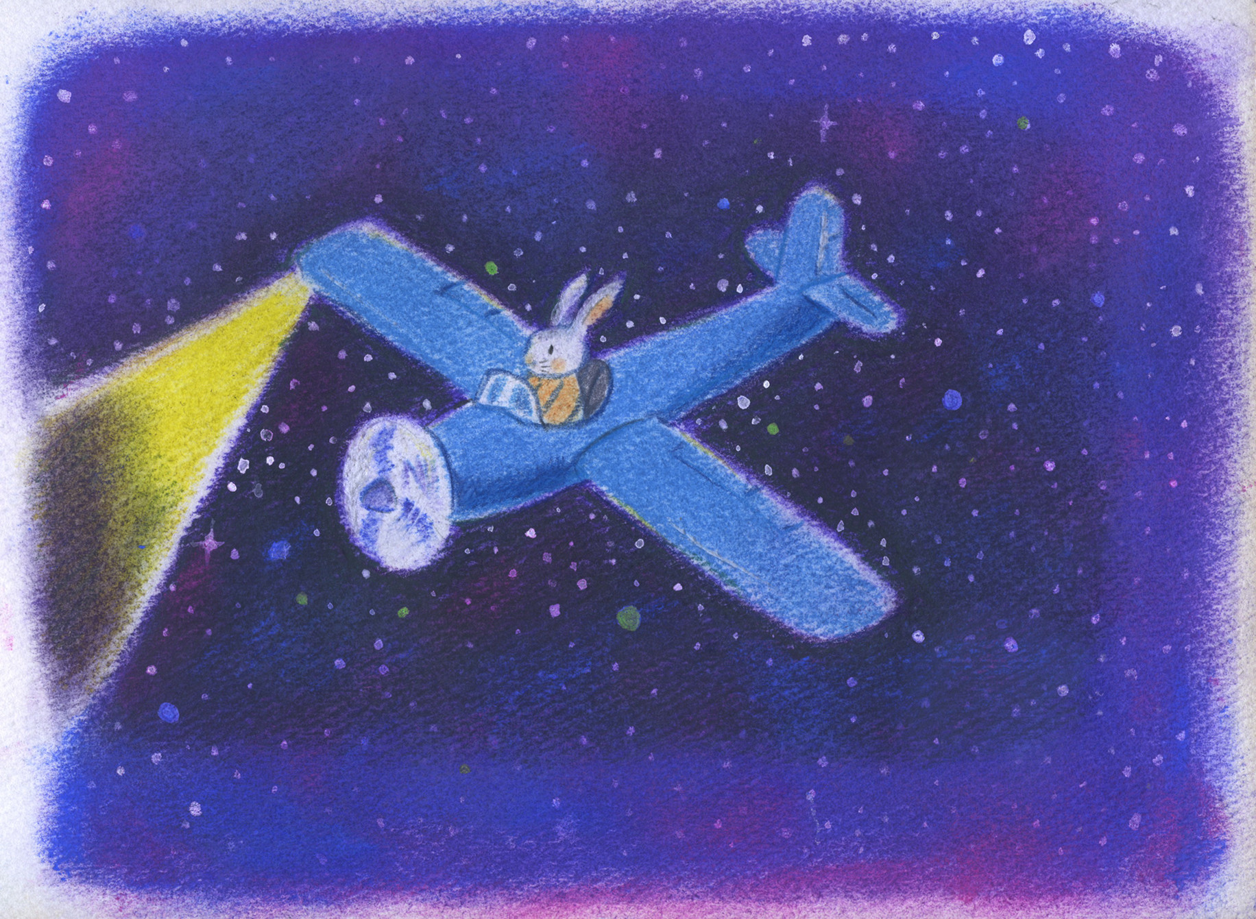 ウサギの見た夢　　パステル、パステルアート、飛行機、夜空、星空、星、メルヘンアート、、ファンタジー、メルヘン