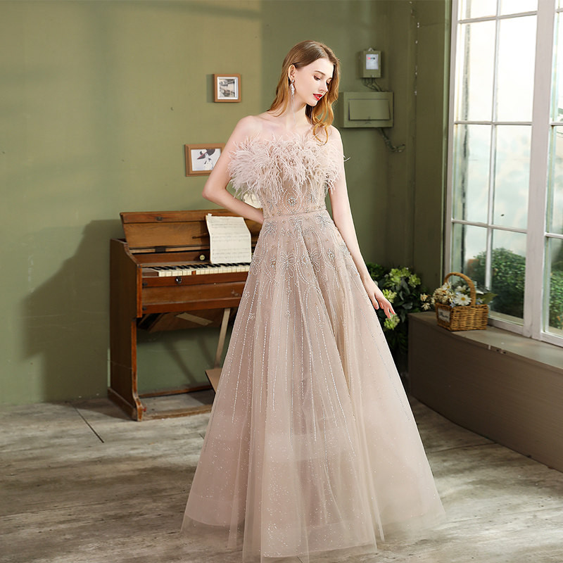 高級感 薄ピンク オフショルダー パーティードレス 綺麗 結婚式 謝恩会 パーティー 二次会 前撮り 披露宴 BL017