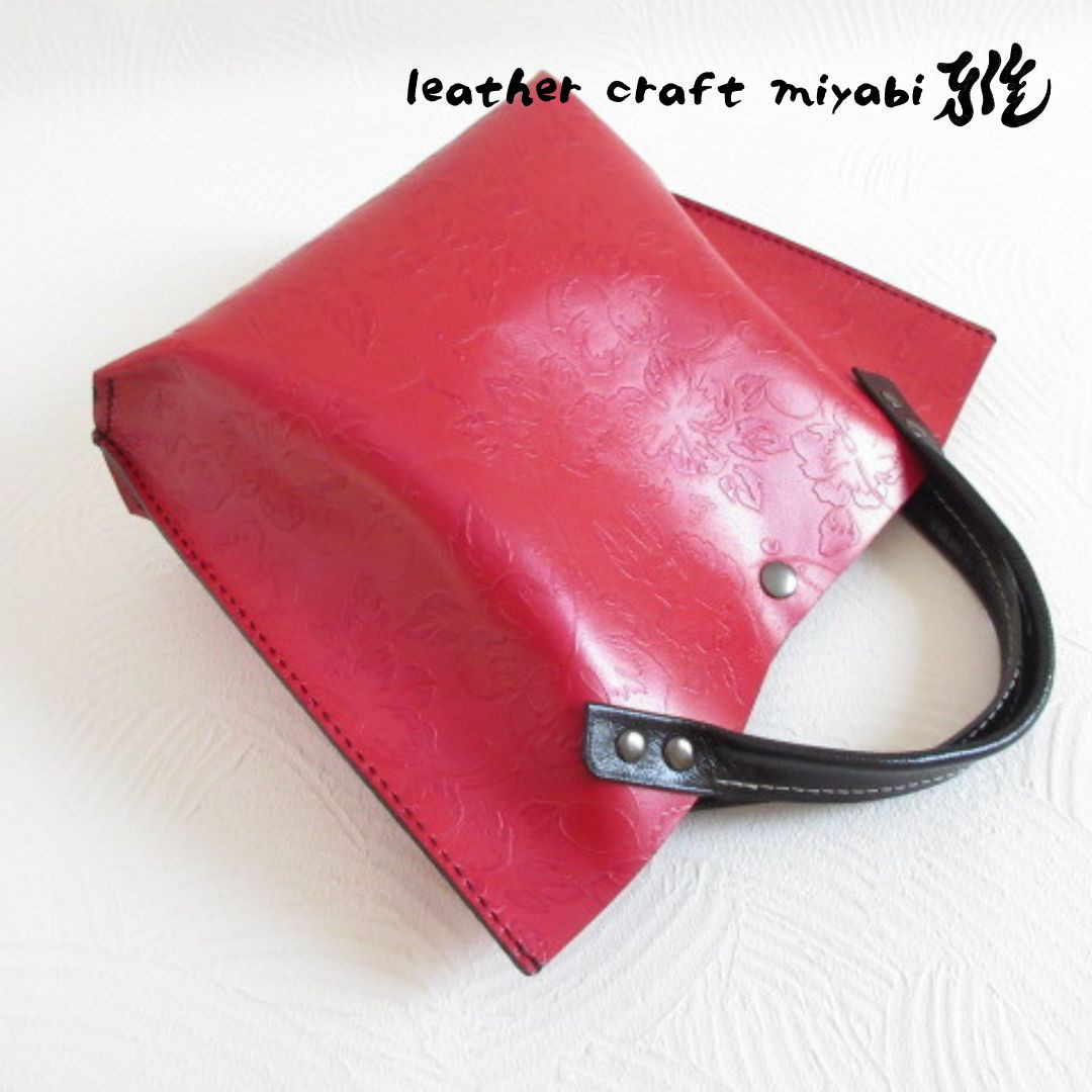 手縫い♪《牛革》底マチワイド・パールレッド・一枚革のミニトート・0506・復刻