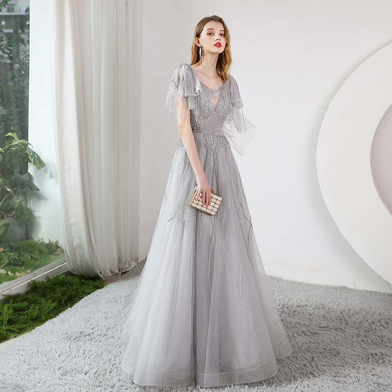 高級感 薄グレー ピンク スパンコール パーティードレス 花嫁 誕生日 演奏会 二次会 前撮り 披露宴 BL019