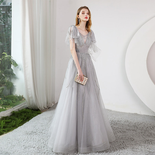 高級感 薄グレー ピンク スパンコール パーティードレス 花嫁 誕生日