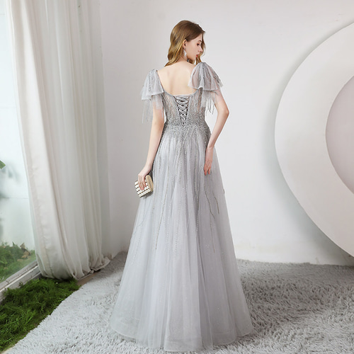 高級感 薄グレー ピンク スパンコール パーティードレス 花嫁 誕生日