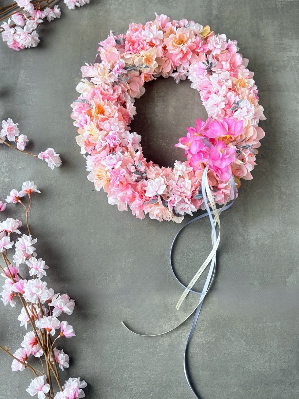 ＊NEW＊八重桜とスイトピーのオーバルリース＊お祝い＊ギフト＊ひなまつり