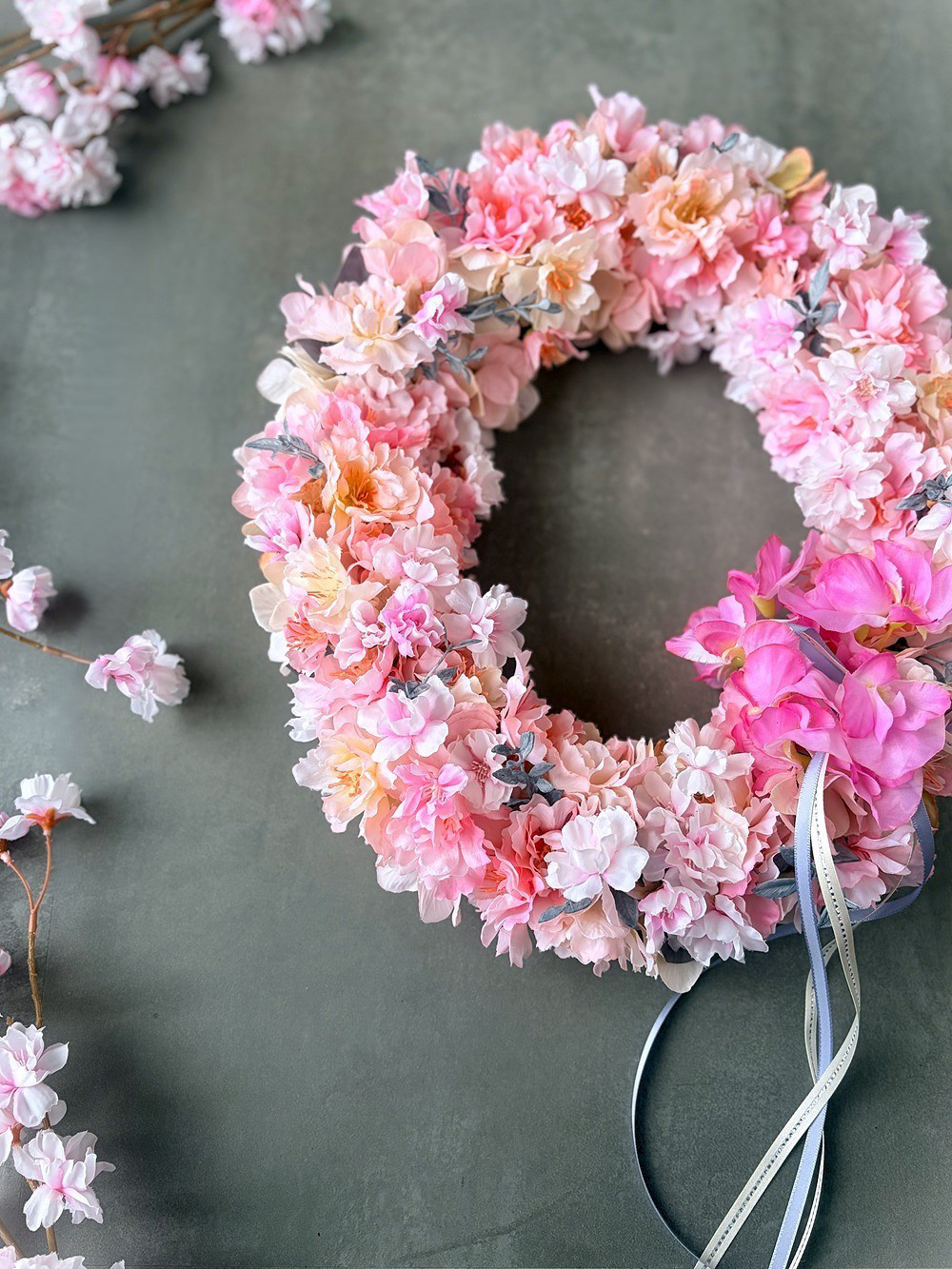 ＊NEW＊八重桜とスイトピーのオーバルリース＊お祝い＊ギフト＊ひなまつり