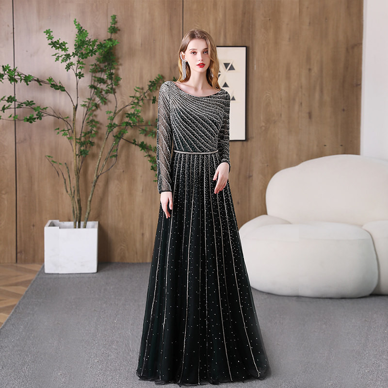 高級感 ダークグリーン 長袖 パーティードレス 優雅 誕生日 パーティー 演奏会 二次会 前撮り 披露宴 BL020