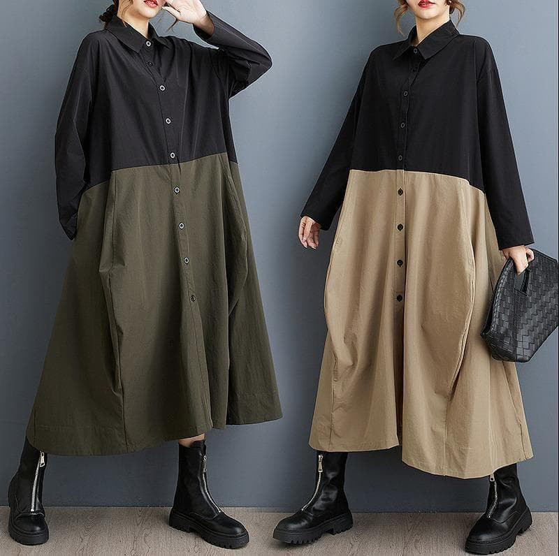 新品 大きいサイズ 春秋冬 アシメ シャツワンピース 個性的 カーキ　；