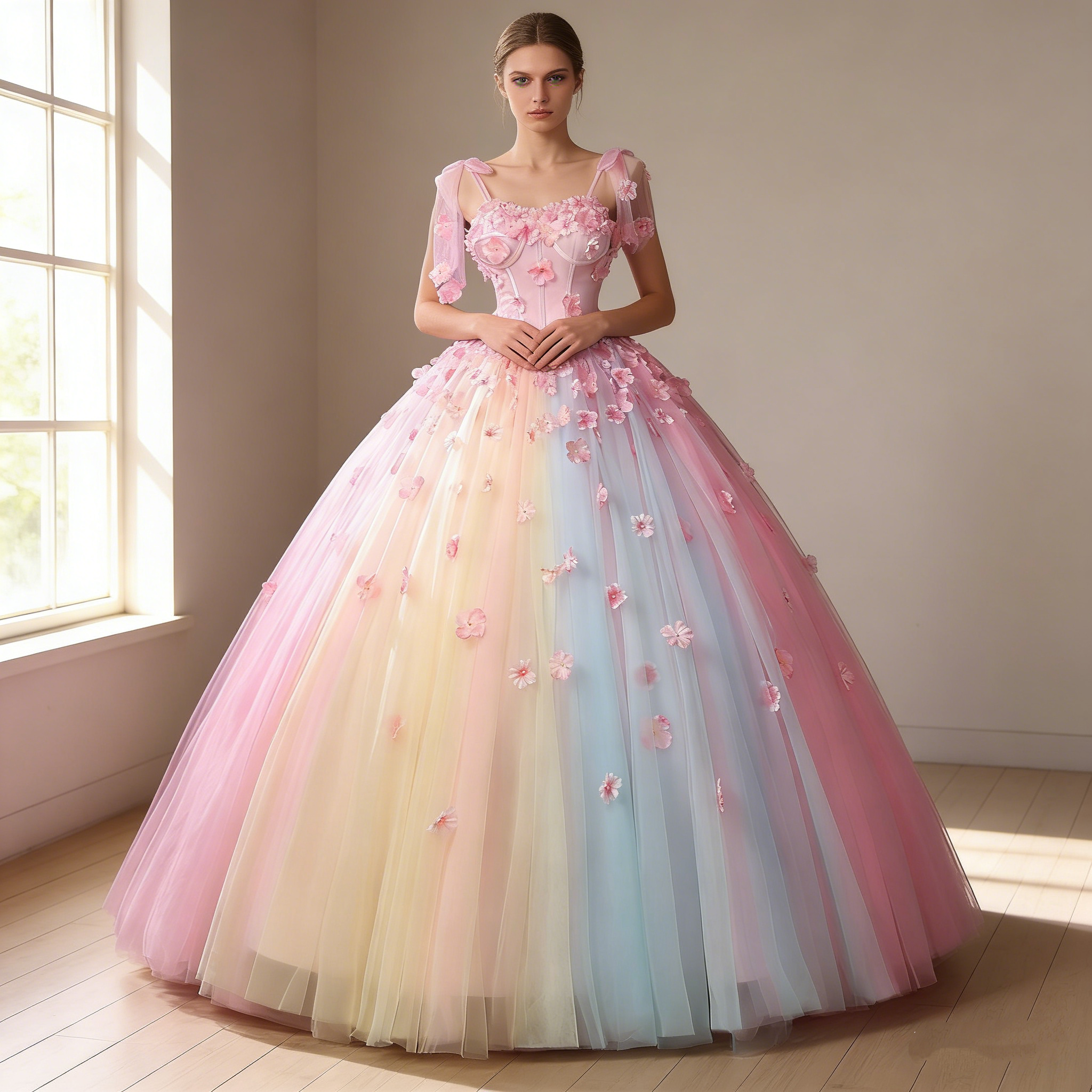 送料無料！カラードレス レインボー キャミソール 花モチーフ　 プリンセスライン 結婚式/披露宴 前撮り エアリー感