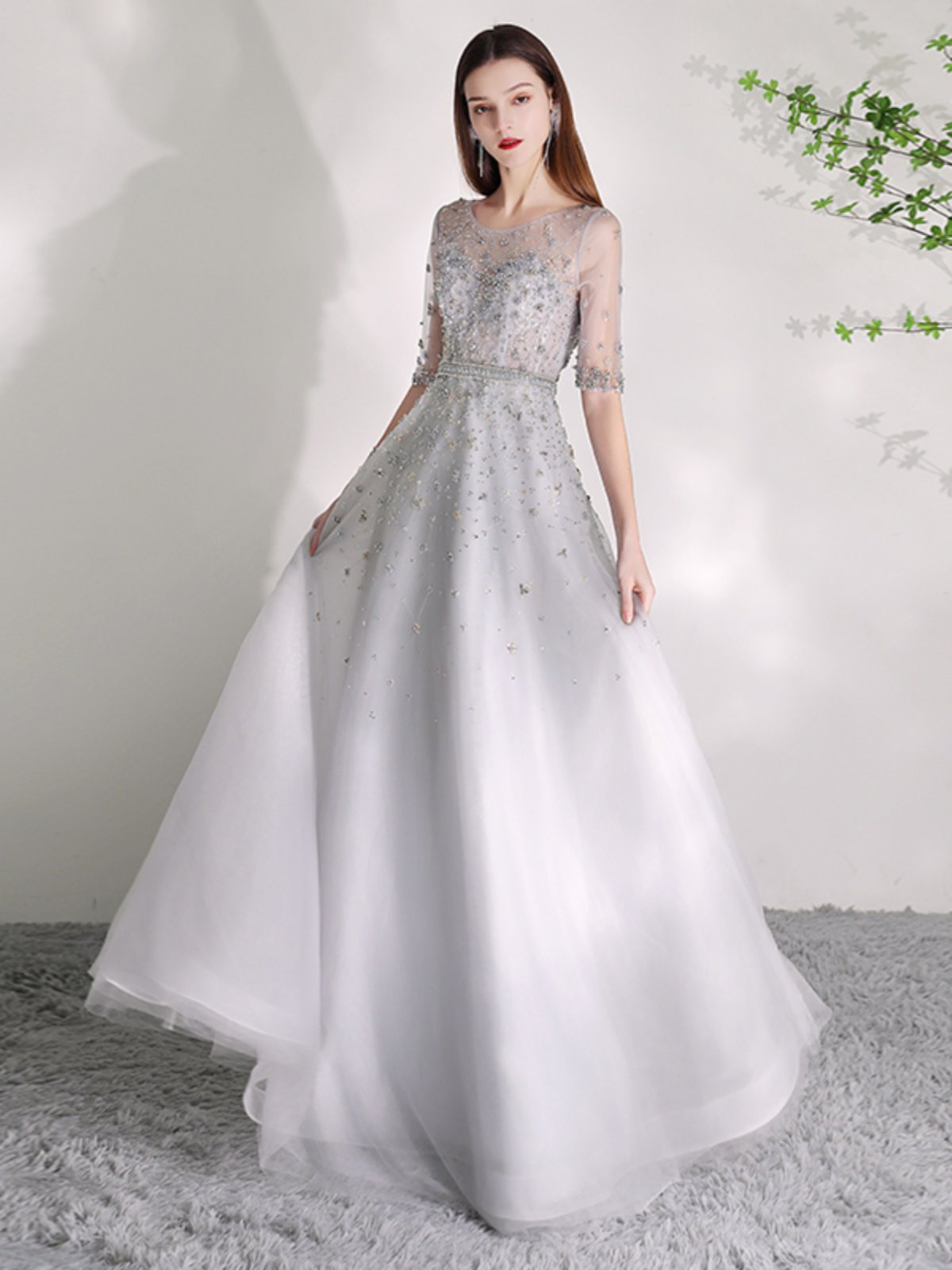 高級感 ブルーグレー 五分袖 パーティードレス 優雅 誕生日 演奏会 パーティー 二次会 前撮り 披露宴 BL026