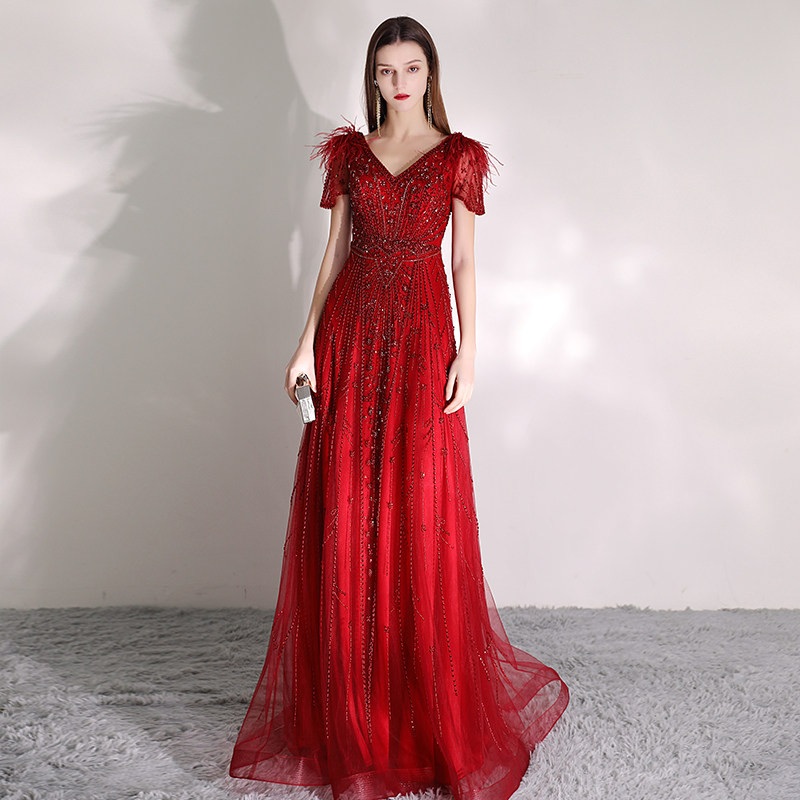 高級感 赤 シルバー Vネック パーティードレス 優雅 誕生日 パーティー 演奏会 二次会 前撮り 披露宴 BL027