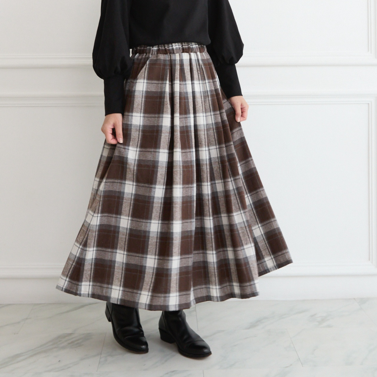 【丈調整できる✨】春まで◎肌触りよく温かみあるチェック柄 ウエストゴム フレアスカート　ブラウン　0770BR