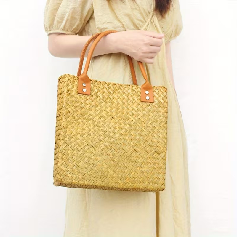 スクエア型ストロートートバッグ トートバッグ ハンドバッグ 手編み リネン 麻 オーガニック