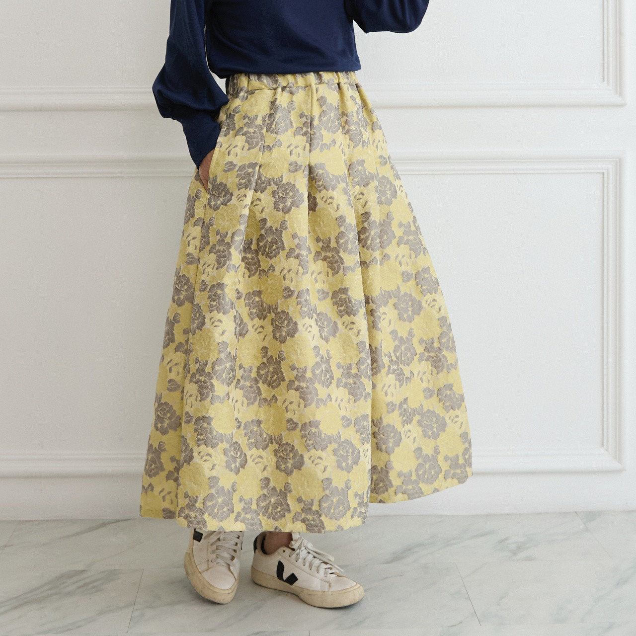 【丈調整できる✨】春まで◎上質大人の花柄ジャガード フレアスカート　イエロー　0771YW