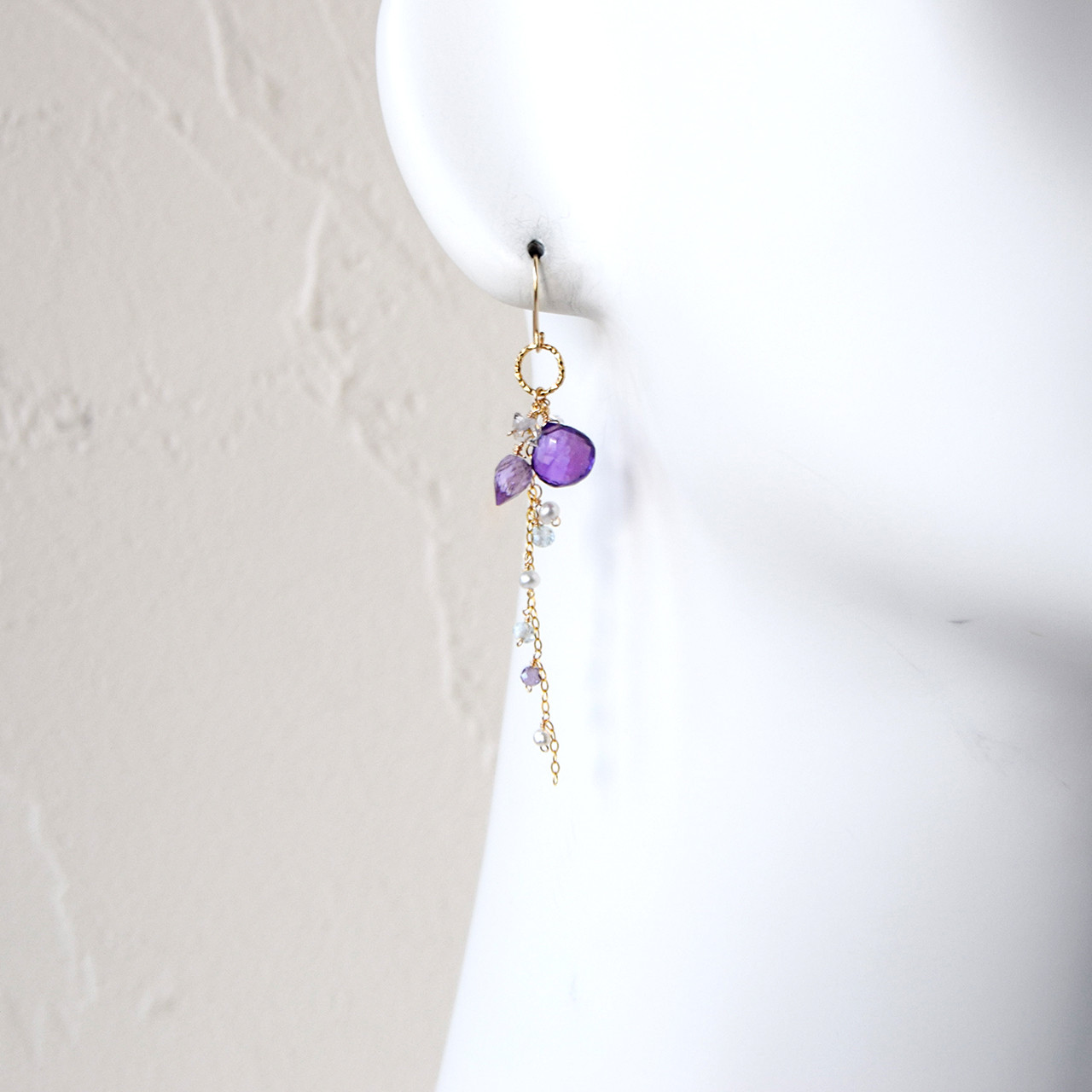 紫の花雫 ― アメジストxハーキマーダイヤモンド ロングピアス14kgf