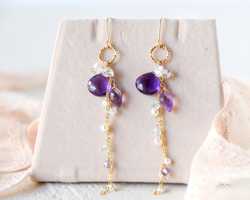 紫の花雫 ― アメジストxハーキマーダイヤモンド ロングピアス14kgf