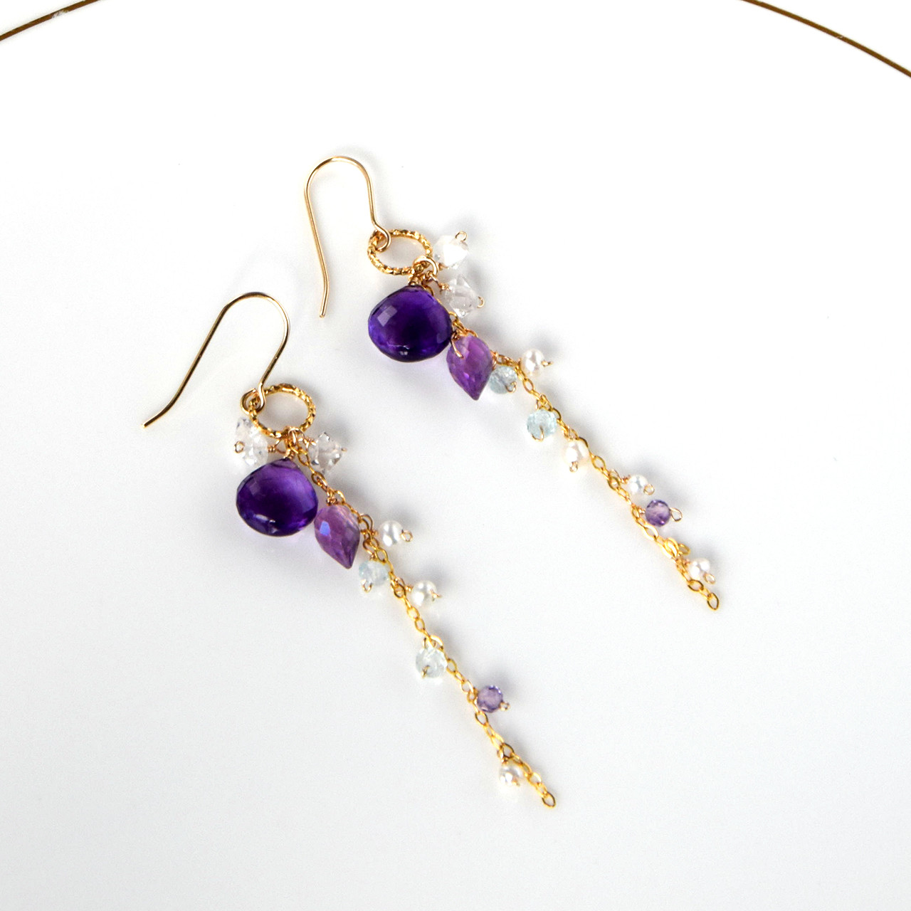 紫の花雫 ― アメジストxハーキマーダイヤモンド ロングピアス14kgf