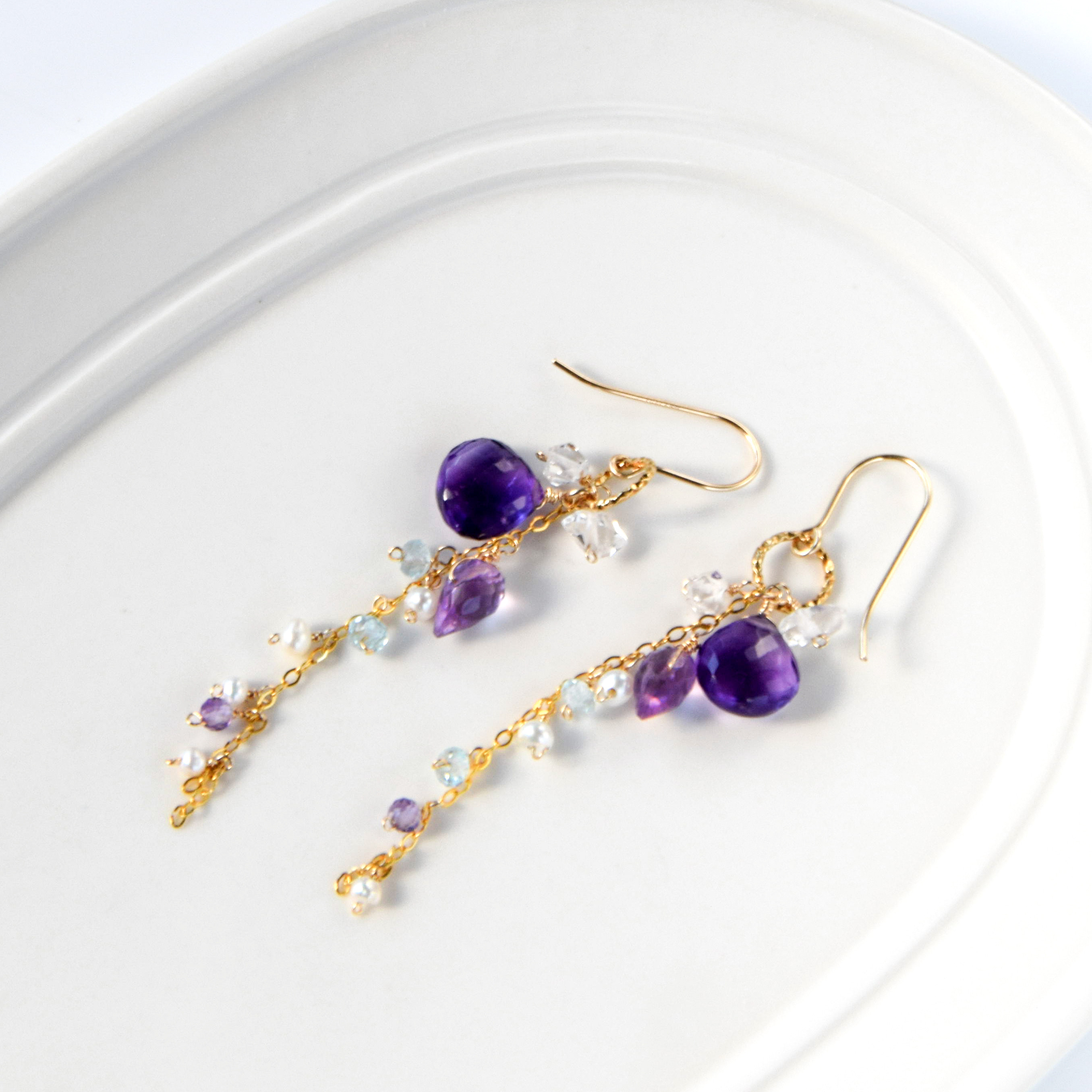 紫の花雫 ― アメジストxハーキマーダイヤモンド ロングピアス14kgf