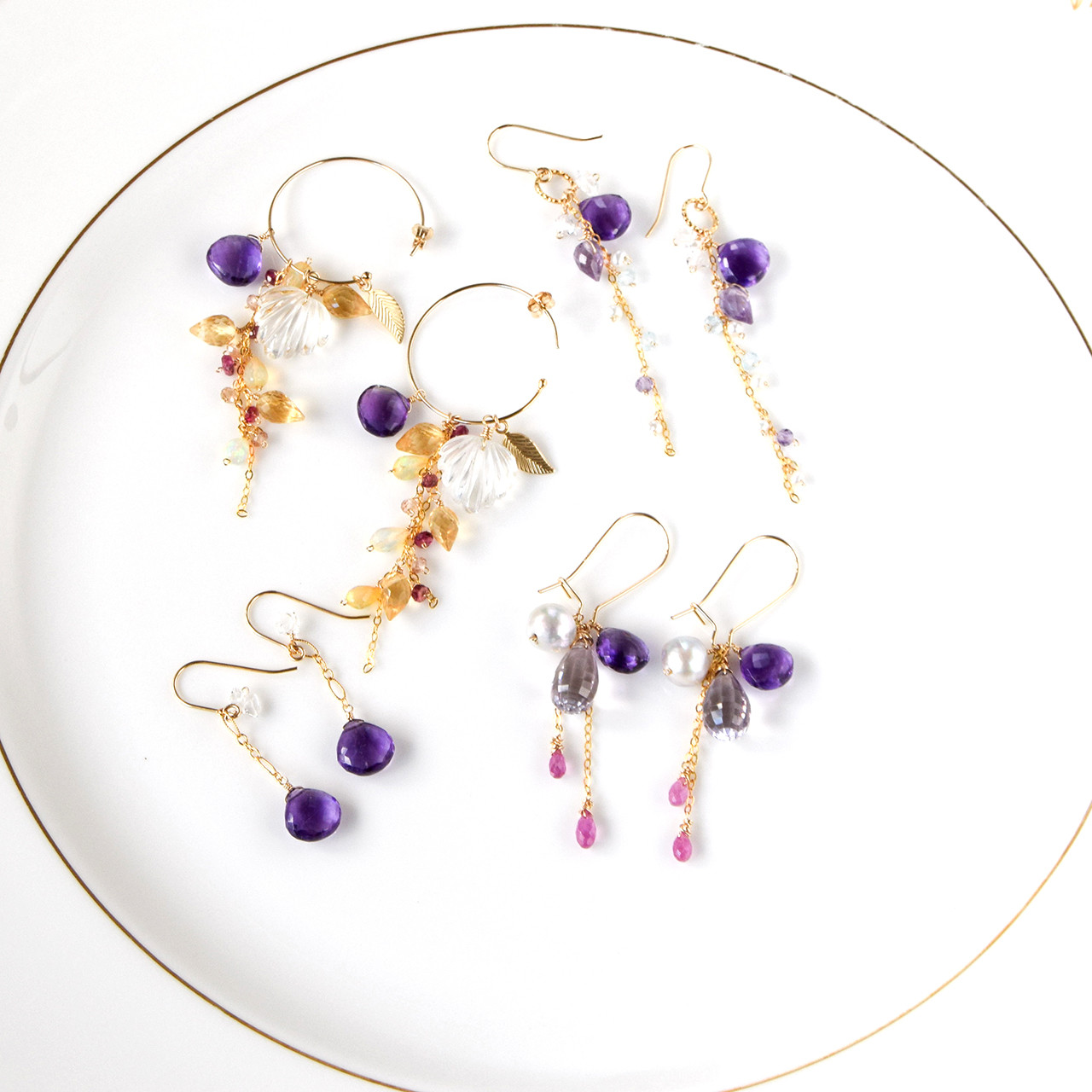 紫の花雫 ― アメジストxハーキマーダイヤモンド ロングピアス14kgf