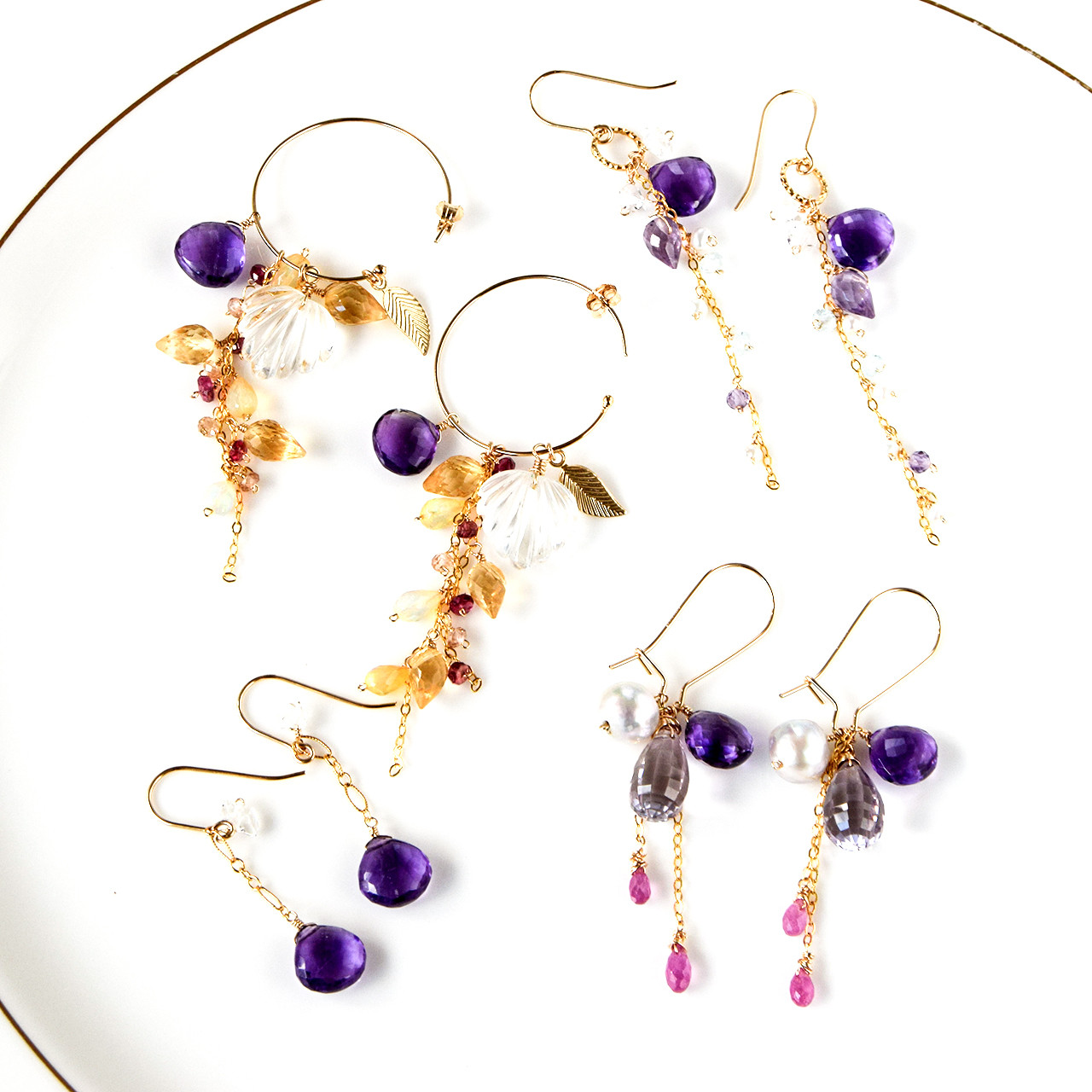 紫の花雫 ― アメジストxハーキマーダイヤモンド ロングピアス14kgf