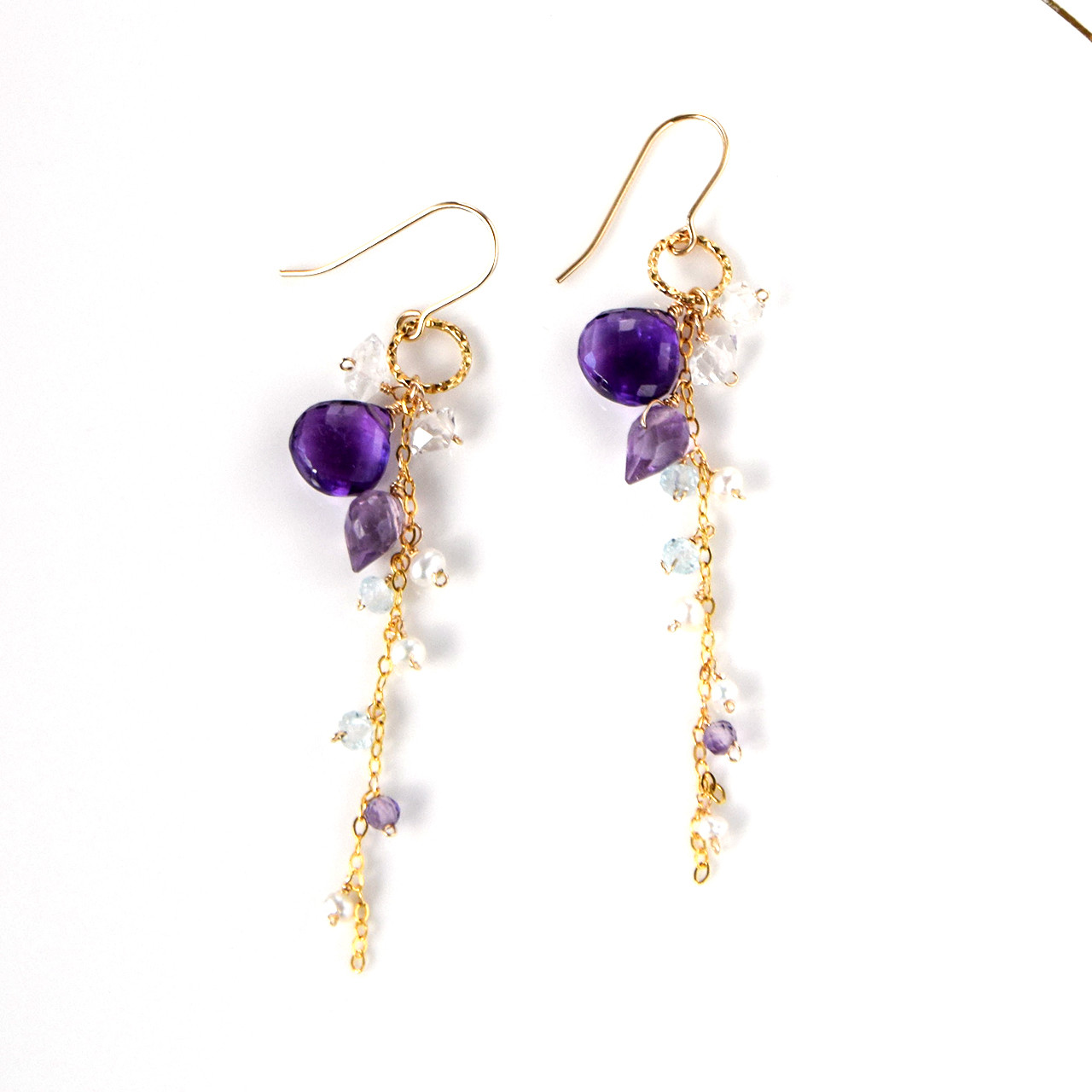 紫の花雫 ― アメジストxハーキマーダイヤモンド ロングピアス14kgf