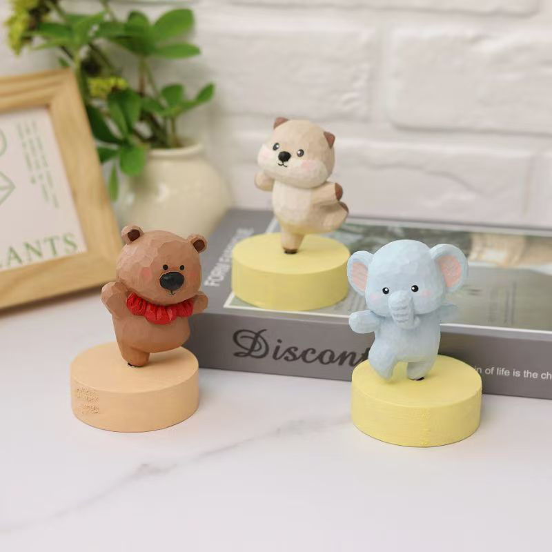 手作り彫刻、木製置物、かわいい動物 誕生日プレゼント 回転可能