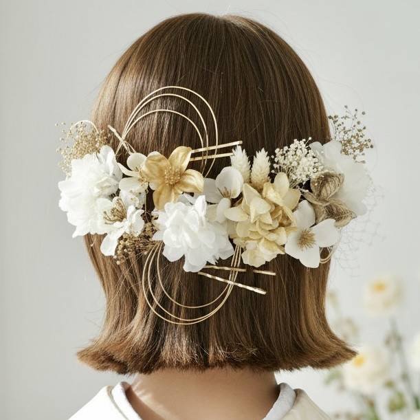 A545 ドライフラワー　ゴールドピン　髪飾り　白　ゴールド　卒業式　袴　成人式　振袖　結婚式　和装