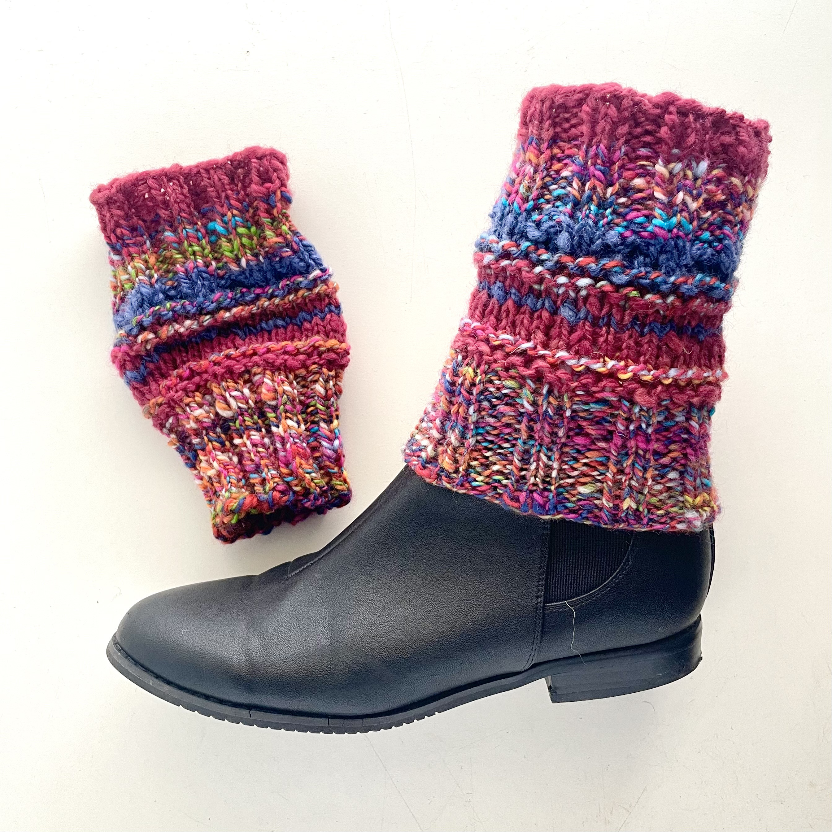 手紡ぎ手編みのレッグウォーマー　カラフル　Ｌ-213