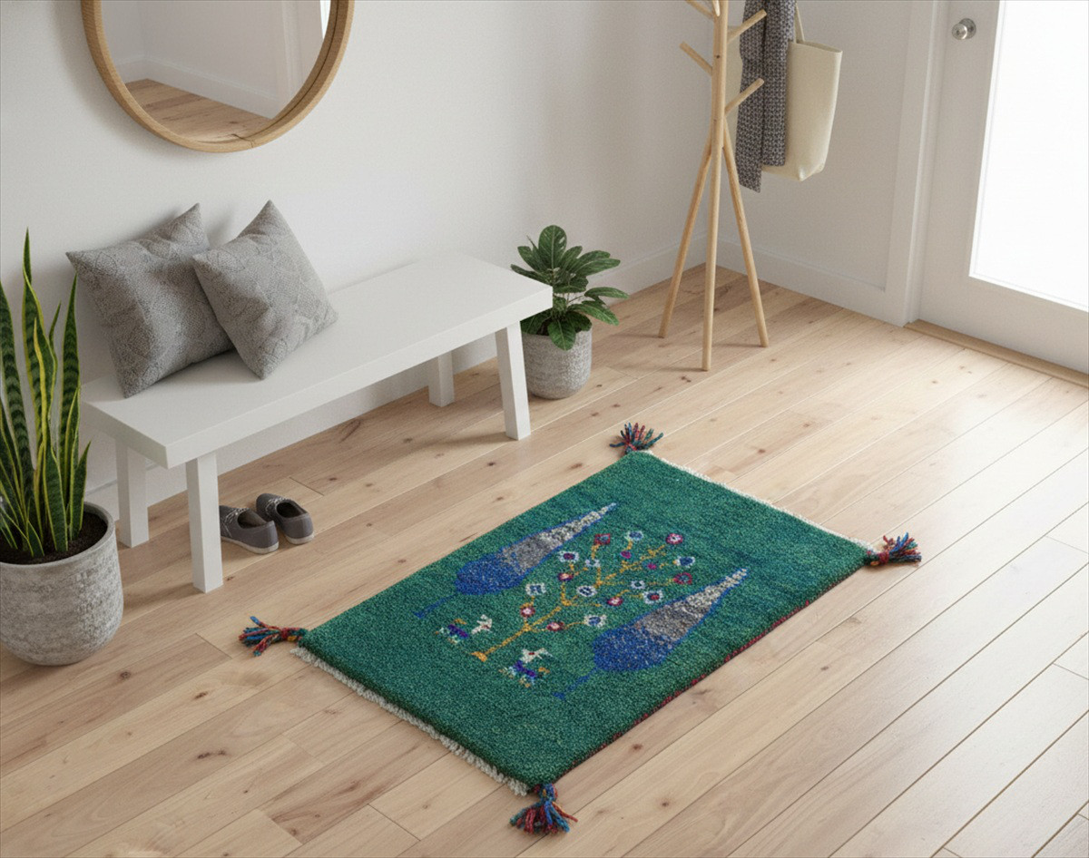 ペルシャ　ギャッベ　玄関マット小　ラグ　58x39cm　糸杉　緑色　NN20204