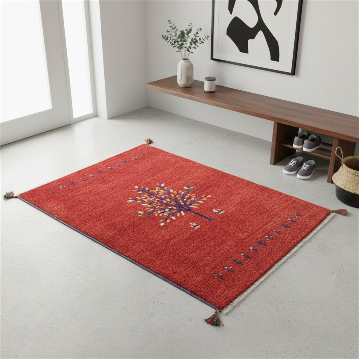 ペルシャ　ギャッベ　マット大　ラグ　115x84cm　茜色　ザクロの木　ヤギ　生命の木　RJ15715