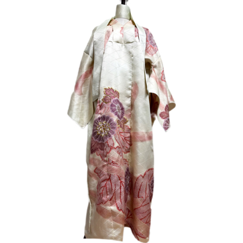 振袖 着物リメイク ドレス 着物袖 和柄 ワンピース 金糸花 丈133