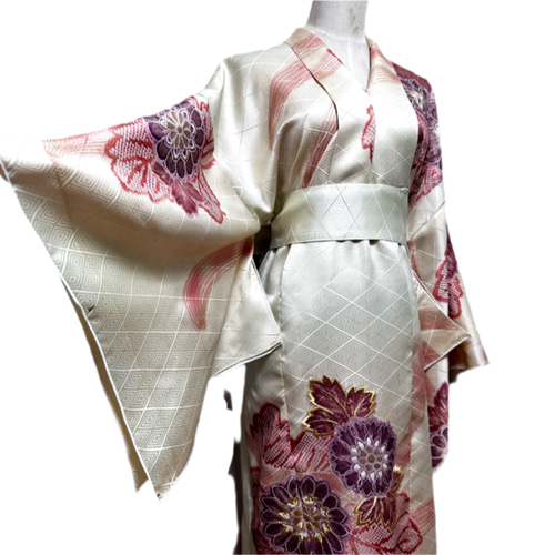 振袖　着物リメイク　ドレス　着物袖風　和柄　ワンピース　金糸花　ハンドメイド 振袖 着物リメイク ドレス 着物袖 和柄 ワンピース 金糸花 丈133