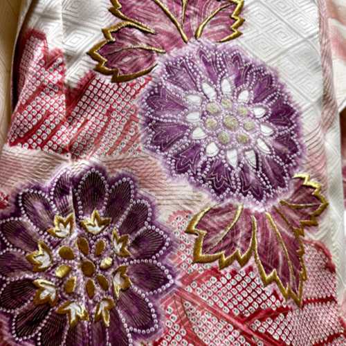 振袖 着物リメイク ドレス 着物袖 和柄 ワンピース 金糸花 丈133