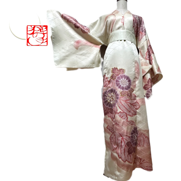 振袖 着物リメイク ドレス 着物袖 和柄 ワンピース 金糸花 丈133