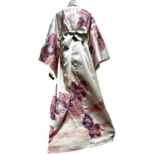 振袖　着物リメイク　ドレス　レース袖　ブルーに花　和柄　ハンドメイド　ワンピース 振袖 着物リメイク ドレス レース袖 ブルーに花 和柄 ハンドメイド