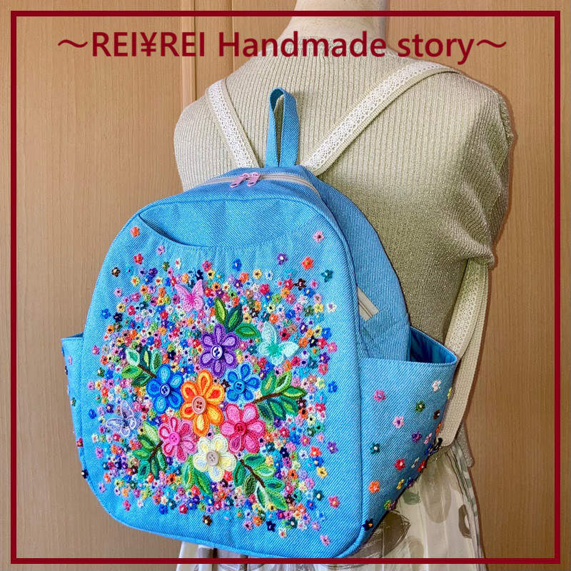 新作！リュックトート☆手刺繡☆蝶々モチーフ☆デニム トートバッグ