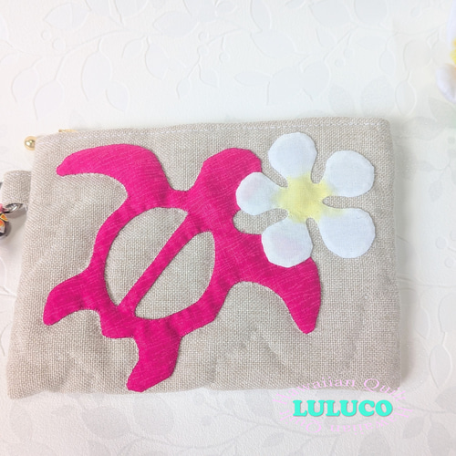 ハワイアンキルト☆フラットポーチ ☆ ホヌ プルメリア ピンクパープル