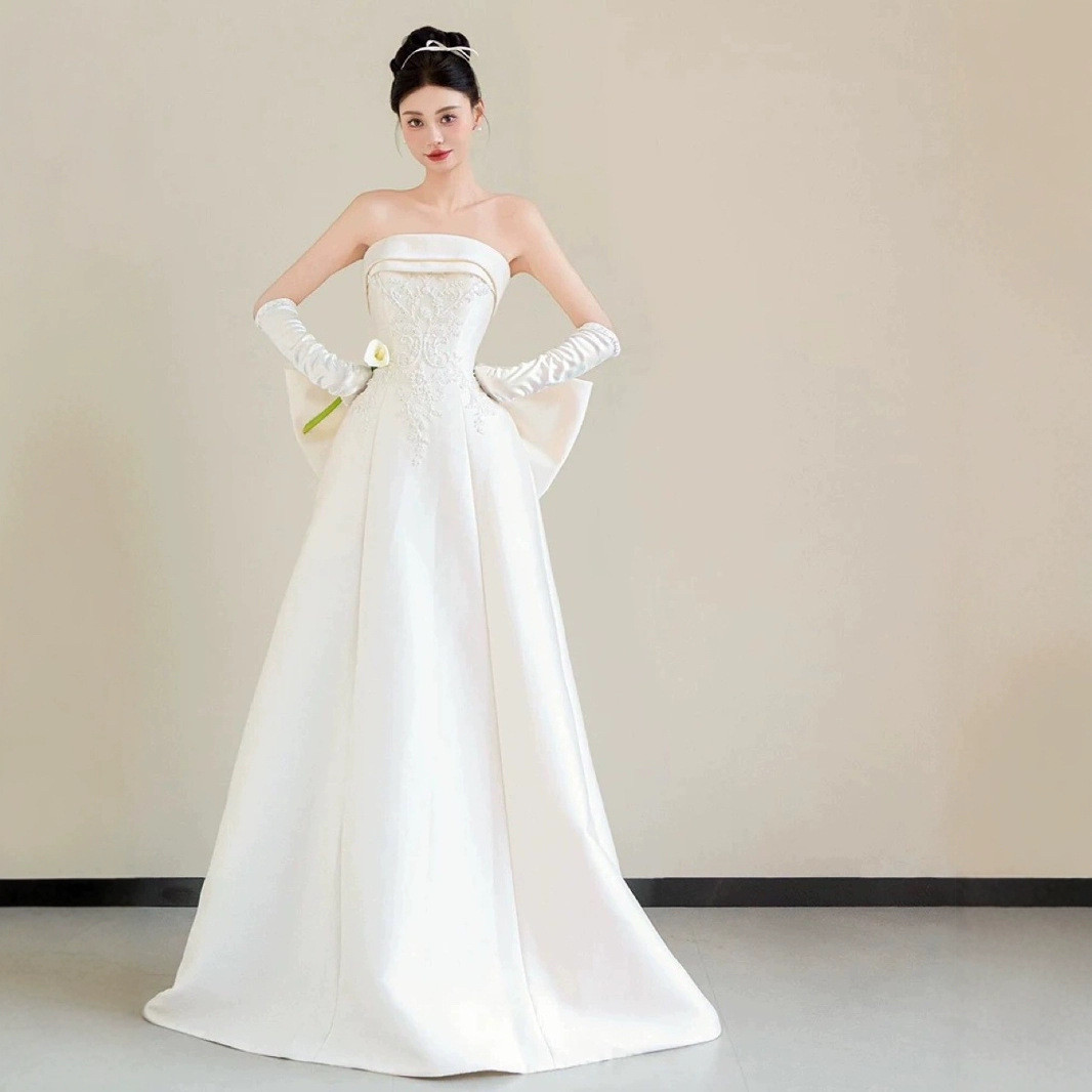 高級感 白 黒 オフショルダー リボン パーティードレス 韓国風 結婚式 誕生日 成人式 二次会 前撮り HL1379