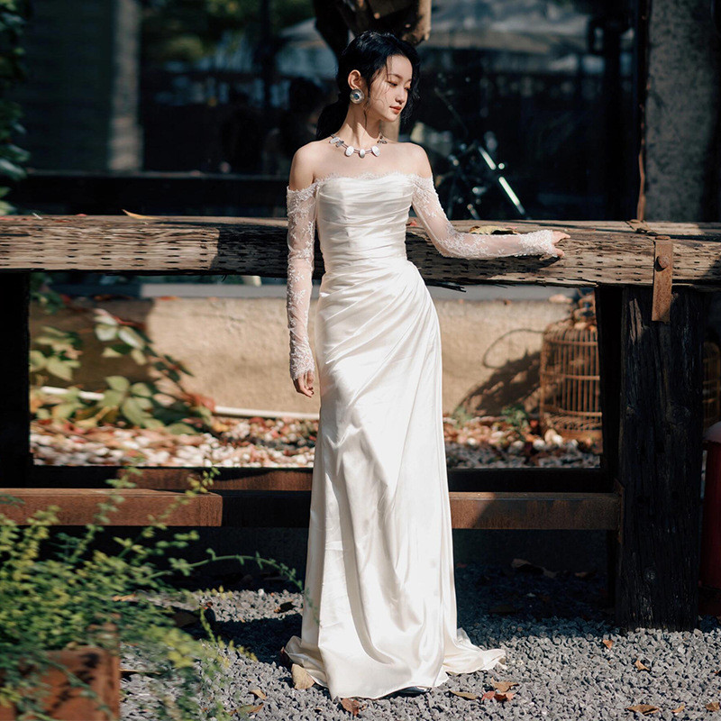 高級感 白黒 長袖 オフショルダー ウェディングドレス 韓国風 結婚式 誕生日 披露宴 二次会 前撮り HL1381