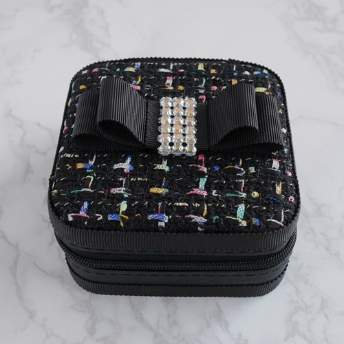 即納】リボンのジュエリーボックス ツイード 黒 携帯アクセサリー